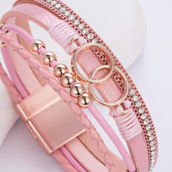 Leather Boho Wrap Bracelet Pink Beaded Infinity Jewelry for Women Gift - Picture 5 of 6